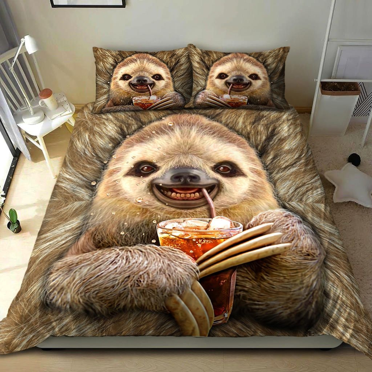 Sloth Drinking Ice Coffee Bed Sheets Spread Duvet Cover Bedding Set - Unique Anime Apparel for Fans