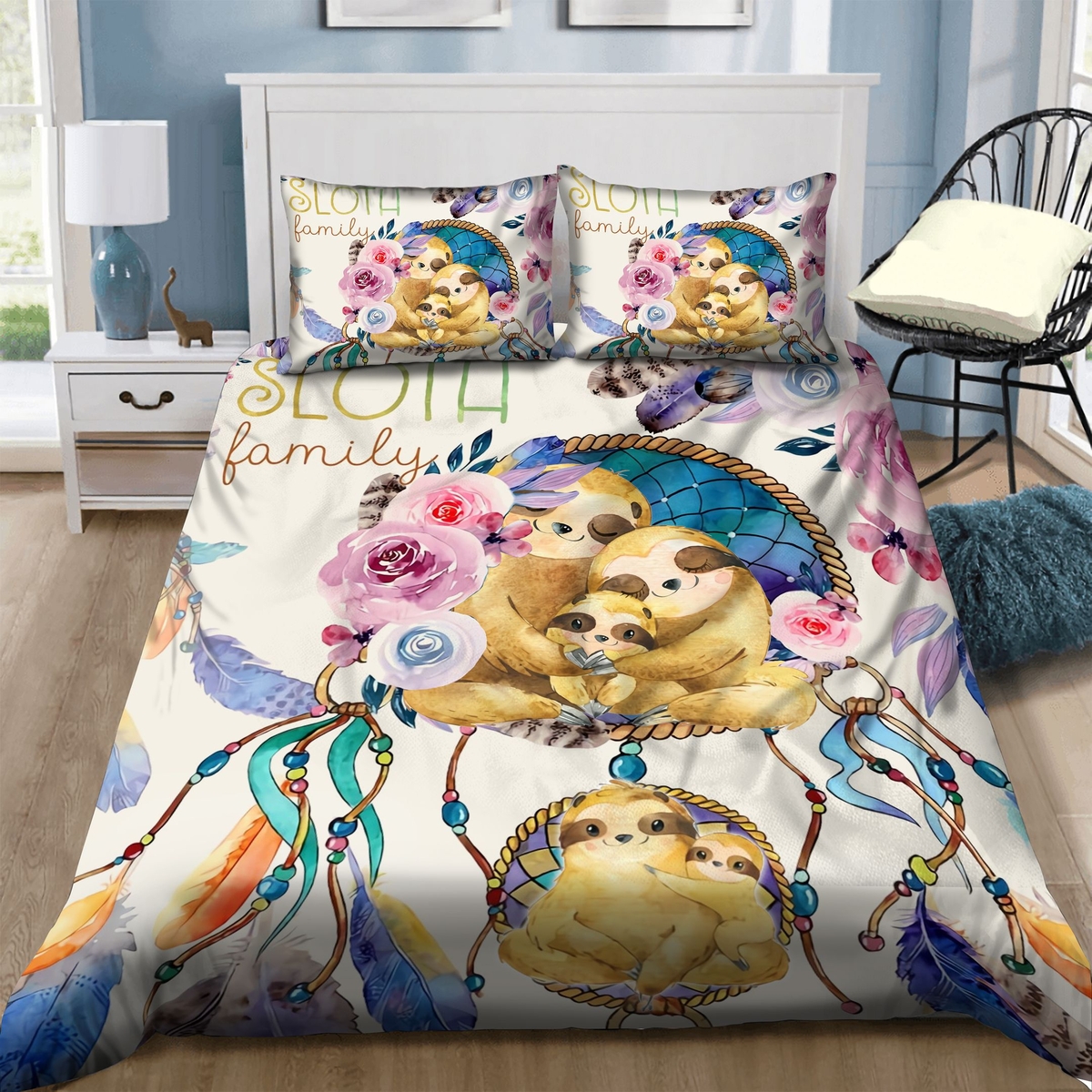 Sloth Family On The Dreamcatcher Bed Sheets Spread Duvet Cover Bedding Set - Unique Anime Apparel for Fans