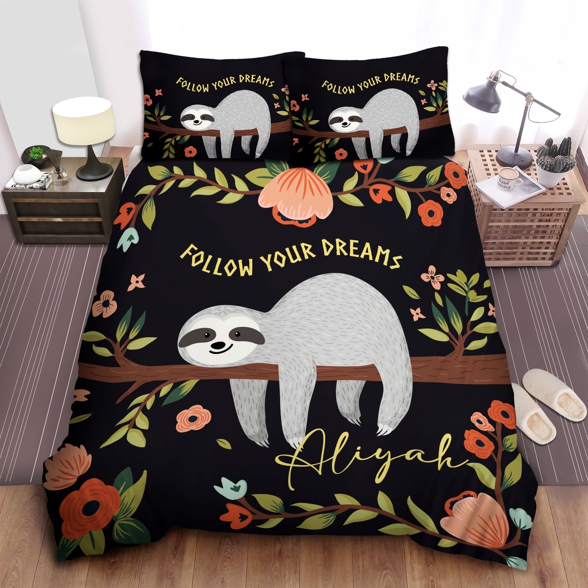 Sloth Follow Your Dream Personalized Custom Name Duvet Cover Bedding Set - Unique Anime Apparel for Fans