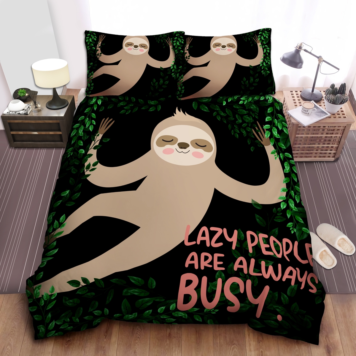 Sloth Lazy People Are Always Busy Bed Sheets Spread Duvet Cover Bedding Set - Unique Anime Apparel for Fans