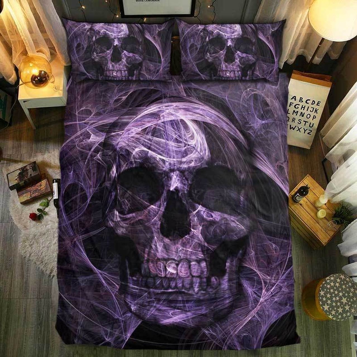 Snm - Purple Neon Light Lines Skull Special Skull Collection Bedding Set (Duvet Cover & Pillow Cases) - Unique Anime Apparel for Fans