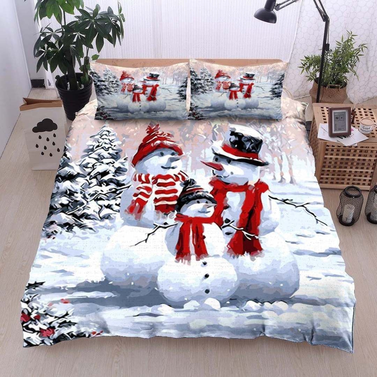 Snowman Family On Snow Bed Sheets Spread Duvet Cover Bedding Set Perfect Gifts For Snowman Lover Gifts For Birthday Christmas Thanksgiving - Unique Anime Apparel for Fans