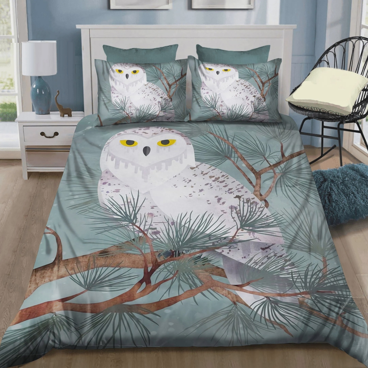 Snowy Owl On Pine Tree Bed Sheets Spread Duvet Cover Bedding Set - Unique Anime Apparel for Fans