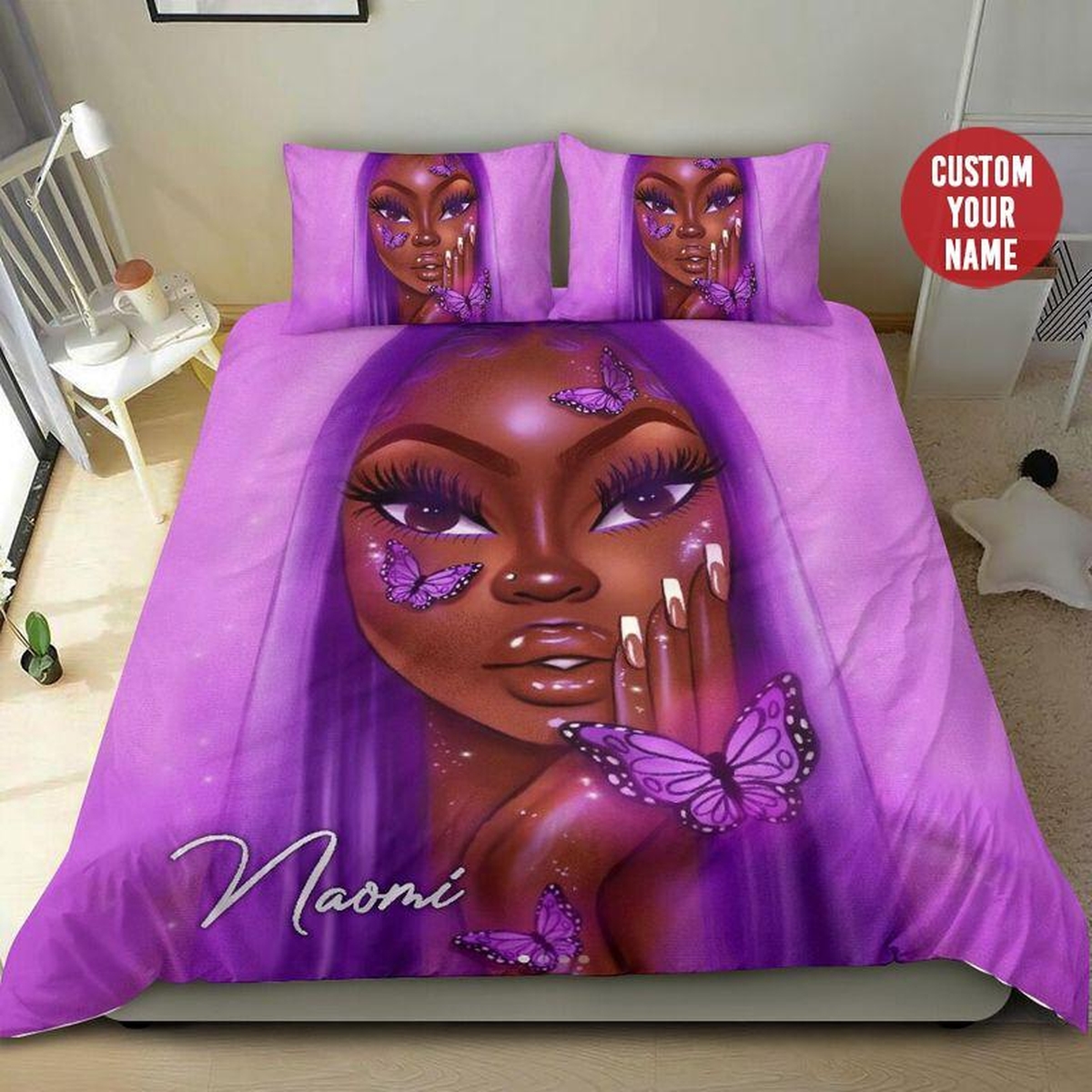 So Cool Butterfly Dreamy Black Girl Magic Aesthetic Purple Custom Name Duvet Cover Bedding Set - Unique Anime Apparel for Fans