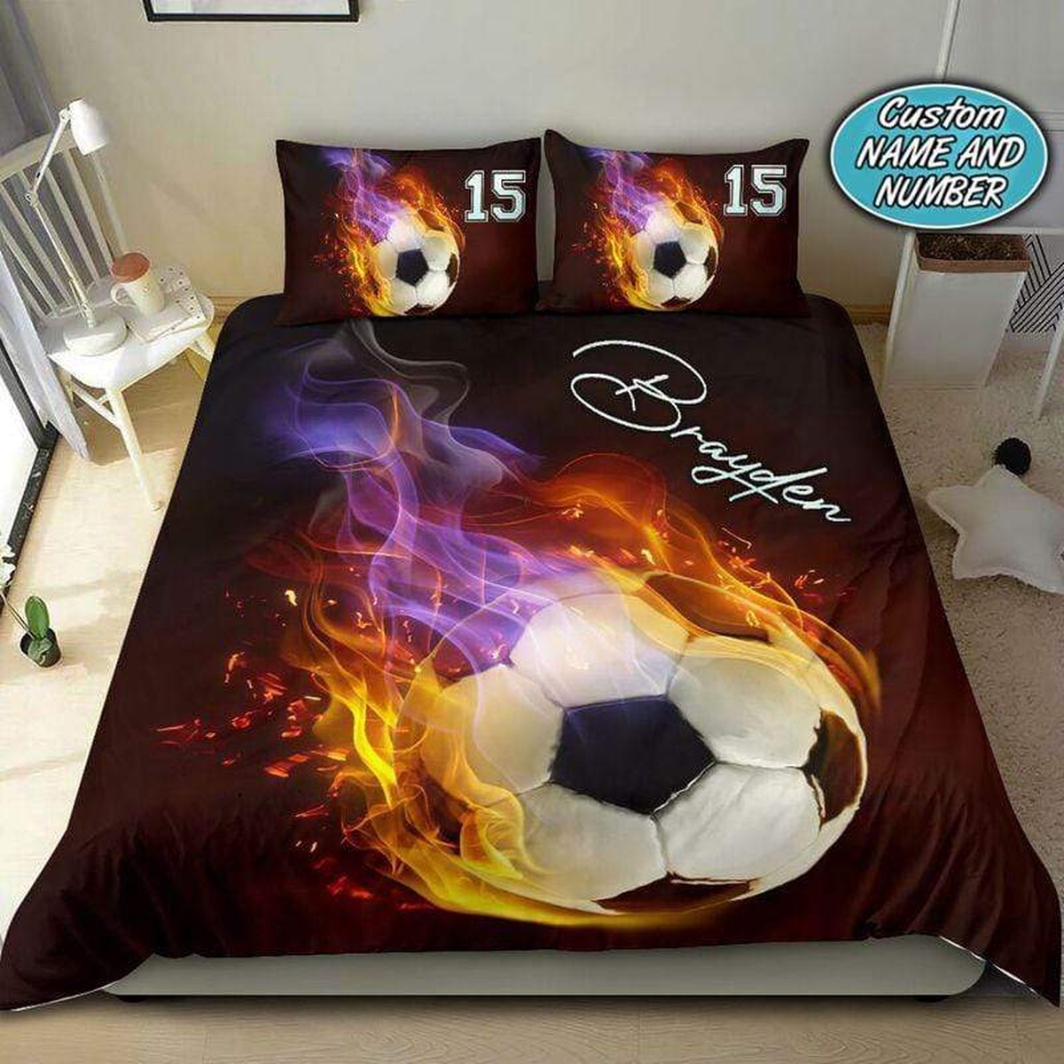 Soccer Fire Personalized Custom Name Duvet Cover Bedding Set - Unique Anime Apparel for Fans