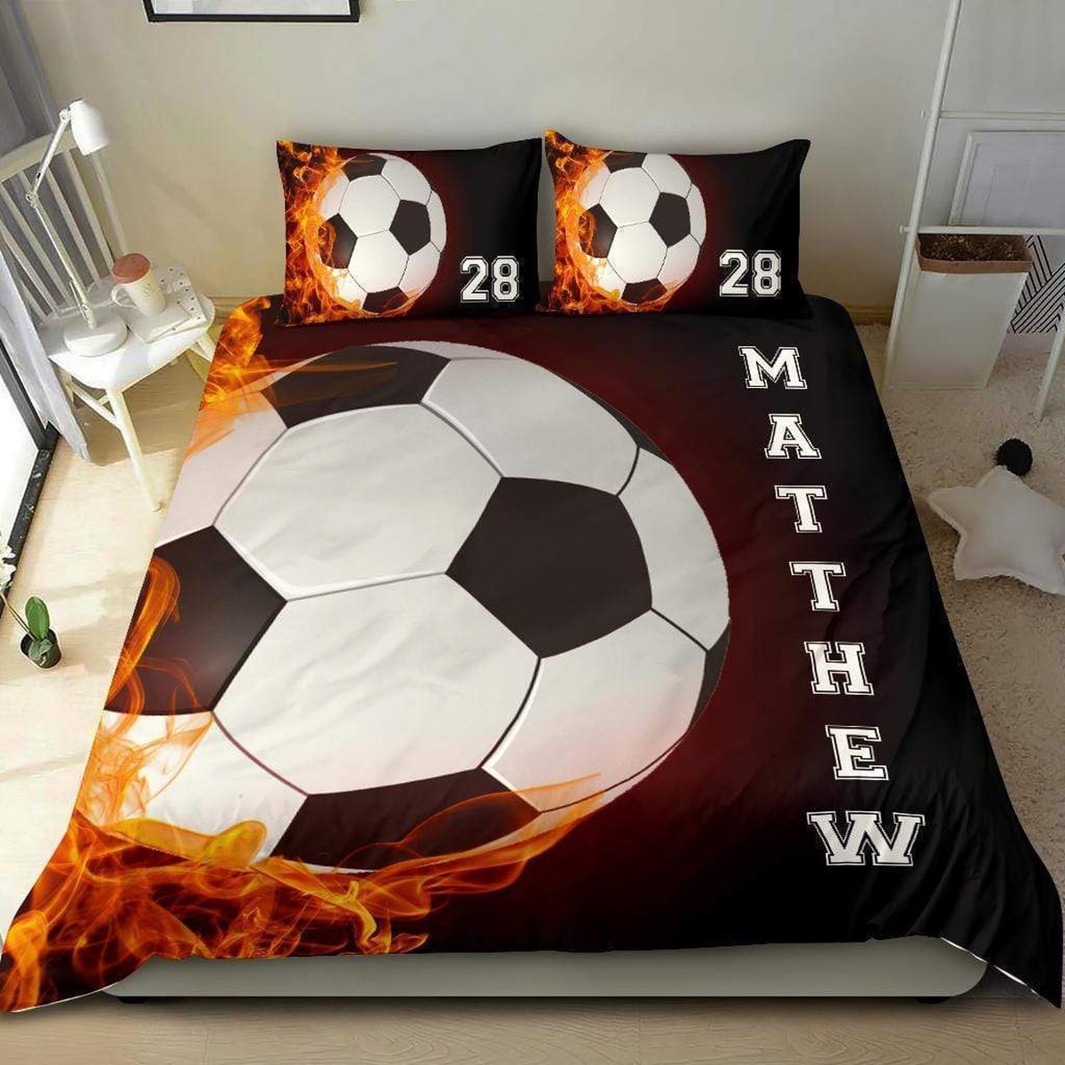 Soccer Personalized Custom Name Duvet Cover Bedding Set Fire - Unique Anime Apparel for Fans