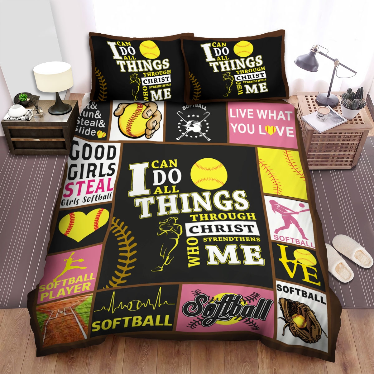 Softball I Can Do All Things Through Christ Who Strengthens Me Bed Sheets Spread Duvet Cover Bedding Set - Unique Anime Apparel for Fans