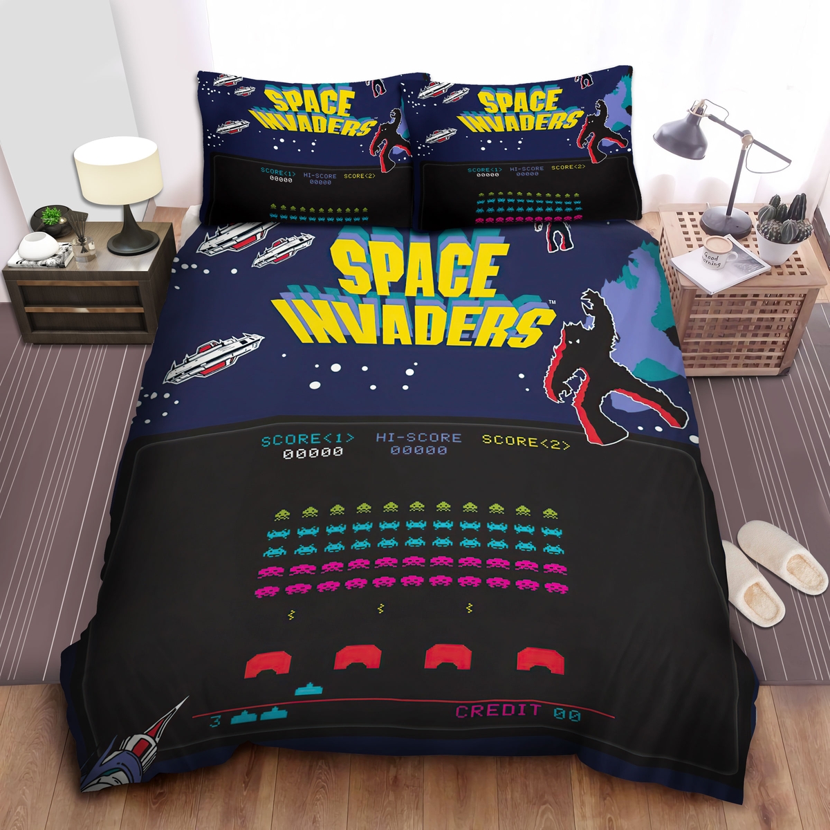 Space Invaders Deluxe Arcade Game Poster Bed Sheets Spread Duvet Cover Bedding Set - Unique Anime Apparel for Fans