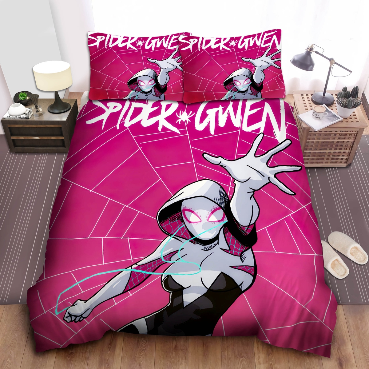 Spider-Gwen On Web Background Bed Sheets Spread Duvet Cover Bedding Set - Unique Anime Apparel for Fans