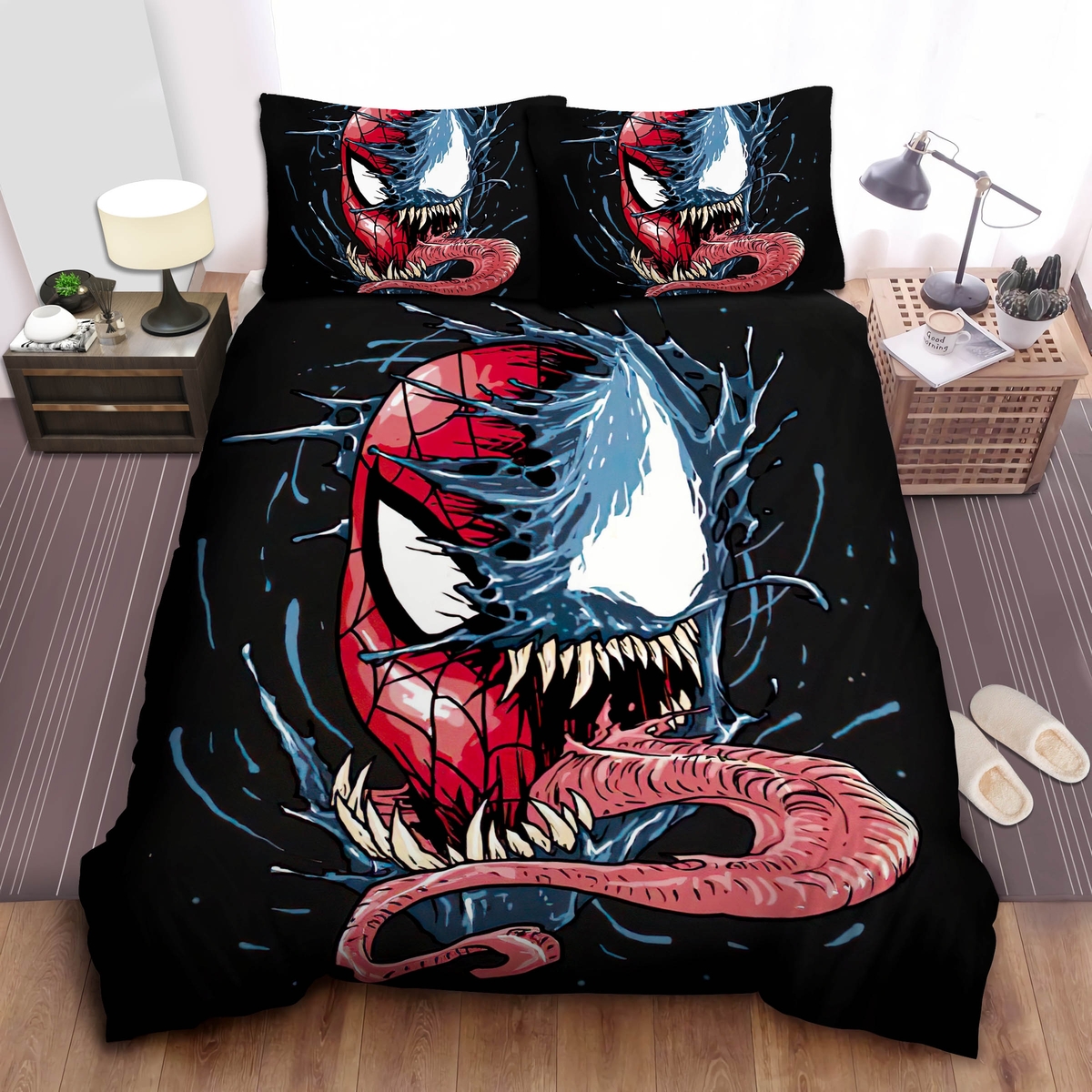 Spider-Man & Venom Split Face Drawing Bed Sheets Spread Duvet Cover Bedding Set - Unique Anime Apparel for Fans