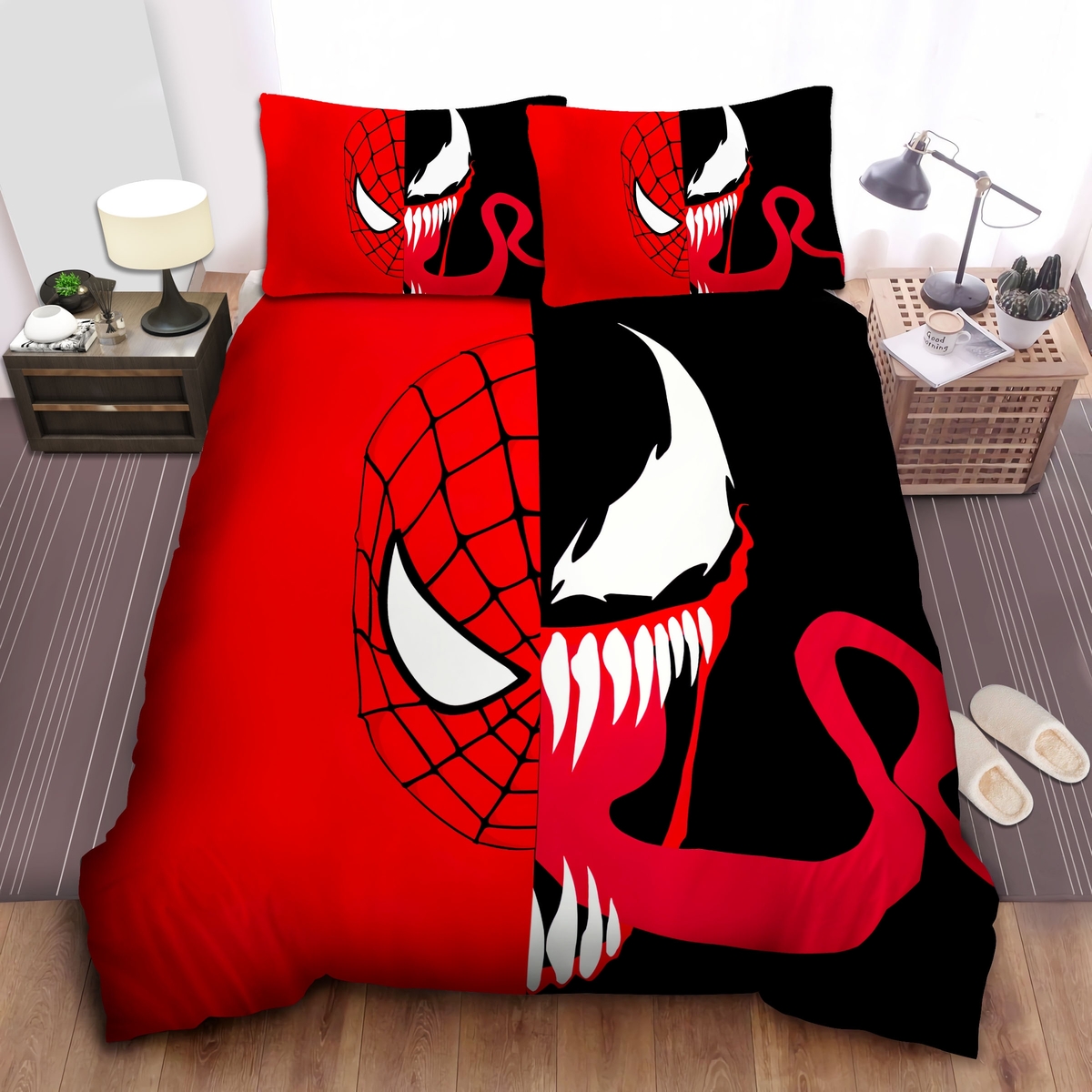 Spider-Man And Venom Split Face Art Bed Sheets Spread Duvet Cover Bedding Set - Unique Anime Apparel for Fans