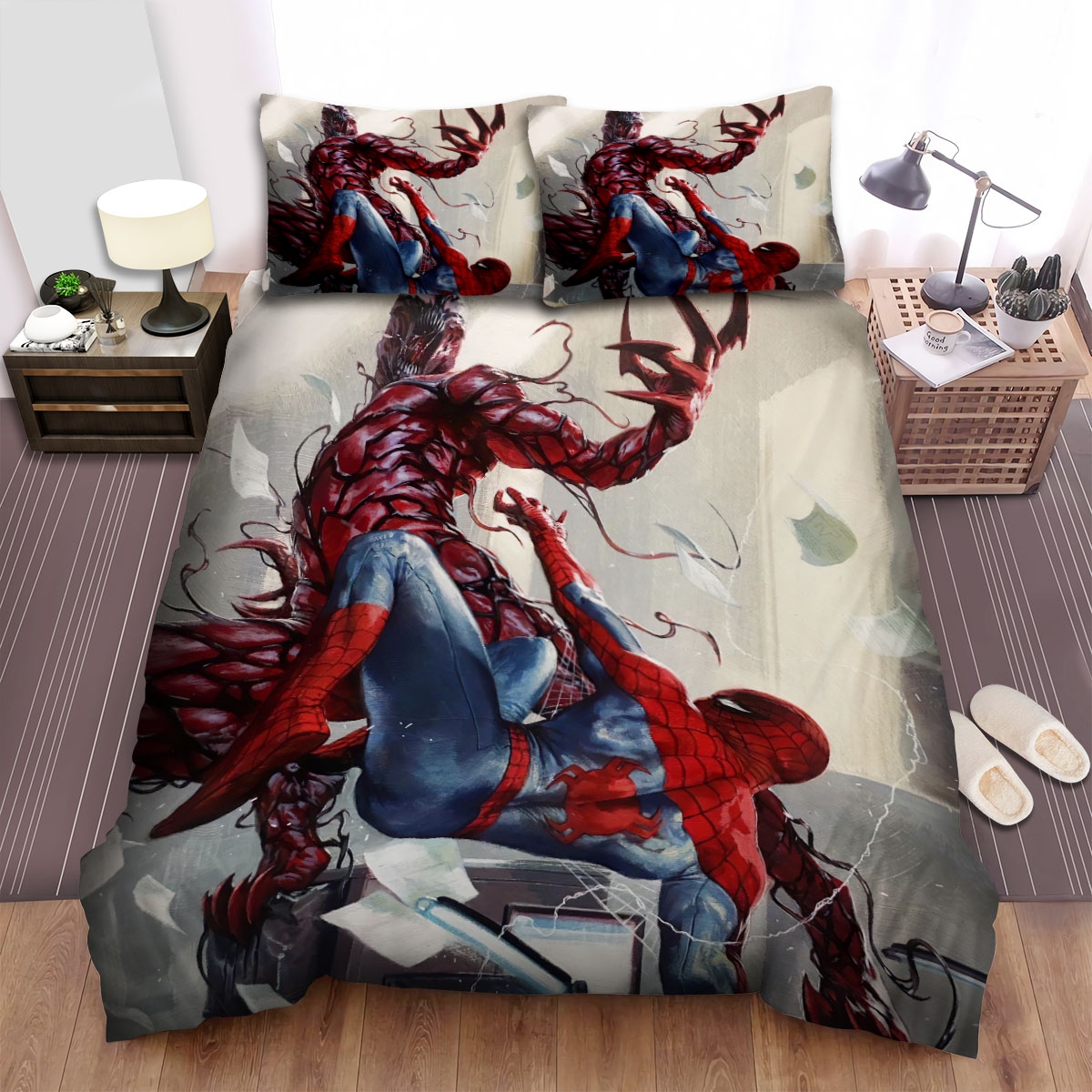 Spider Man Duels Carnage Bed Sheets Spread Duvet Cover Bedding Set - Unique Anime Apparel for Fans