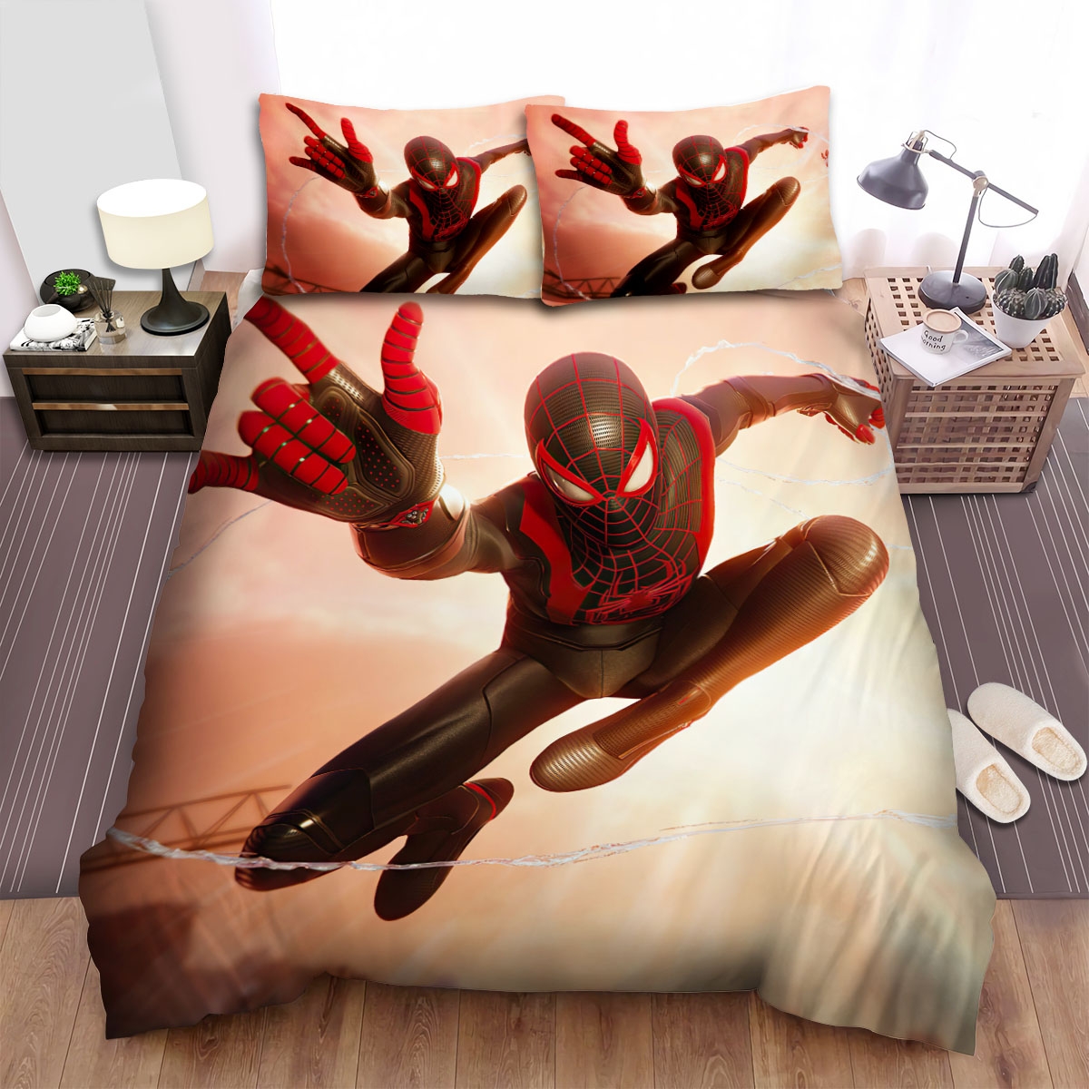 Spider Man Miles Morales And Peter Parker In Spider Man Advanced Suit Bed Sheets Spread Duvet Cover Bedding Set - Unique Anime Apparel for Fans