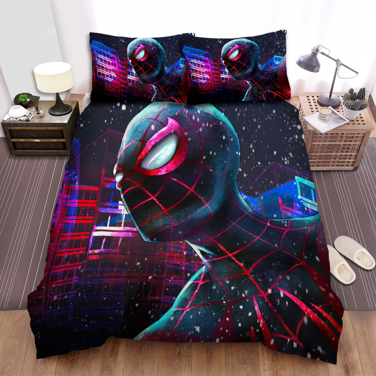 Spider Man Miles Morales In Neon Building Background Bed Sheets Spread Duvet Cover Bedding Set - Unique Anime Apparel for Fans