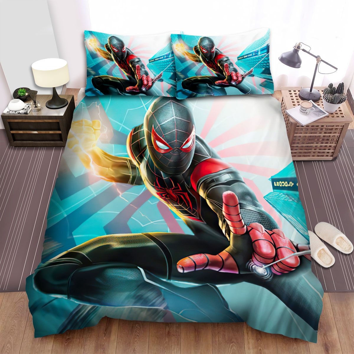Spider Man Miles Morales With Bio-Electric Intrinsic Bed Sheets Spread Duvet Cover Bedding Set - Unique Anime Apparel for Fans