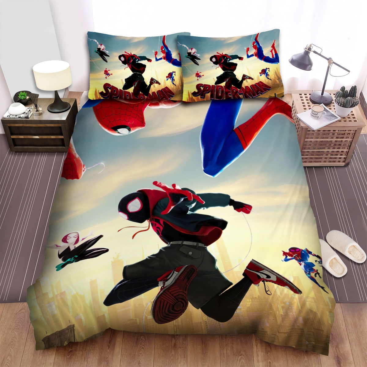 Spider Man Of Into The Spider Verse Movie Posing On The Sky Bed Sheets Spread Duvet Cover Bedding Set - Unique Anime Apparel for Fans