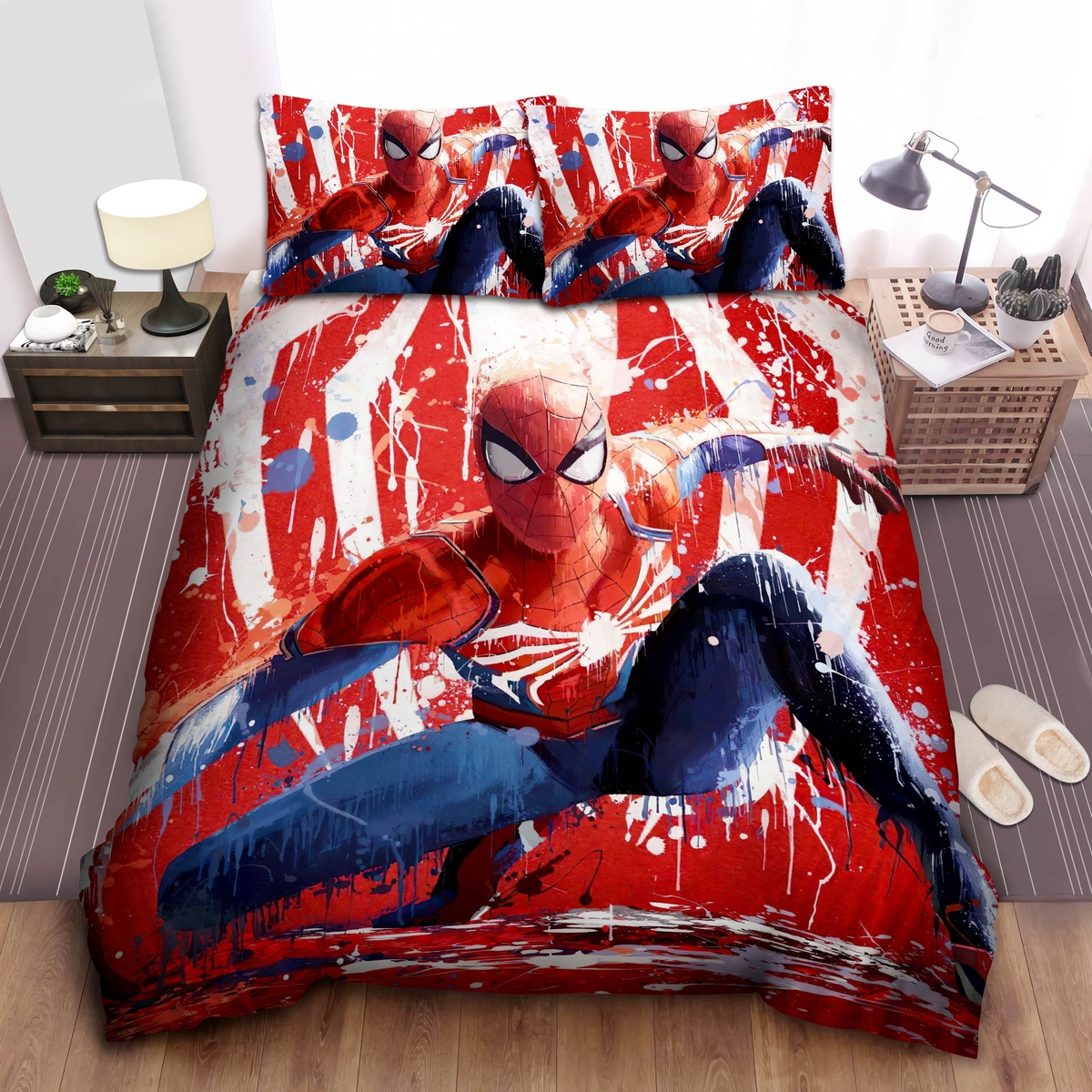 Spider-Man Watercolor Splash Art Bed Sheets Spread Duvet Cover Bedding Set - Unique Anime Apparel for Fans