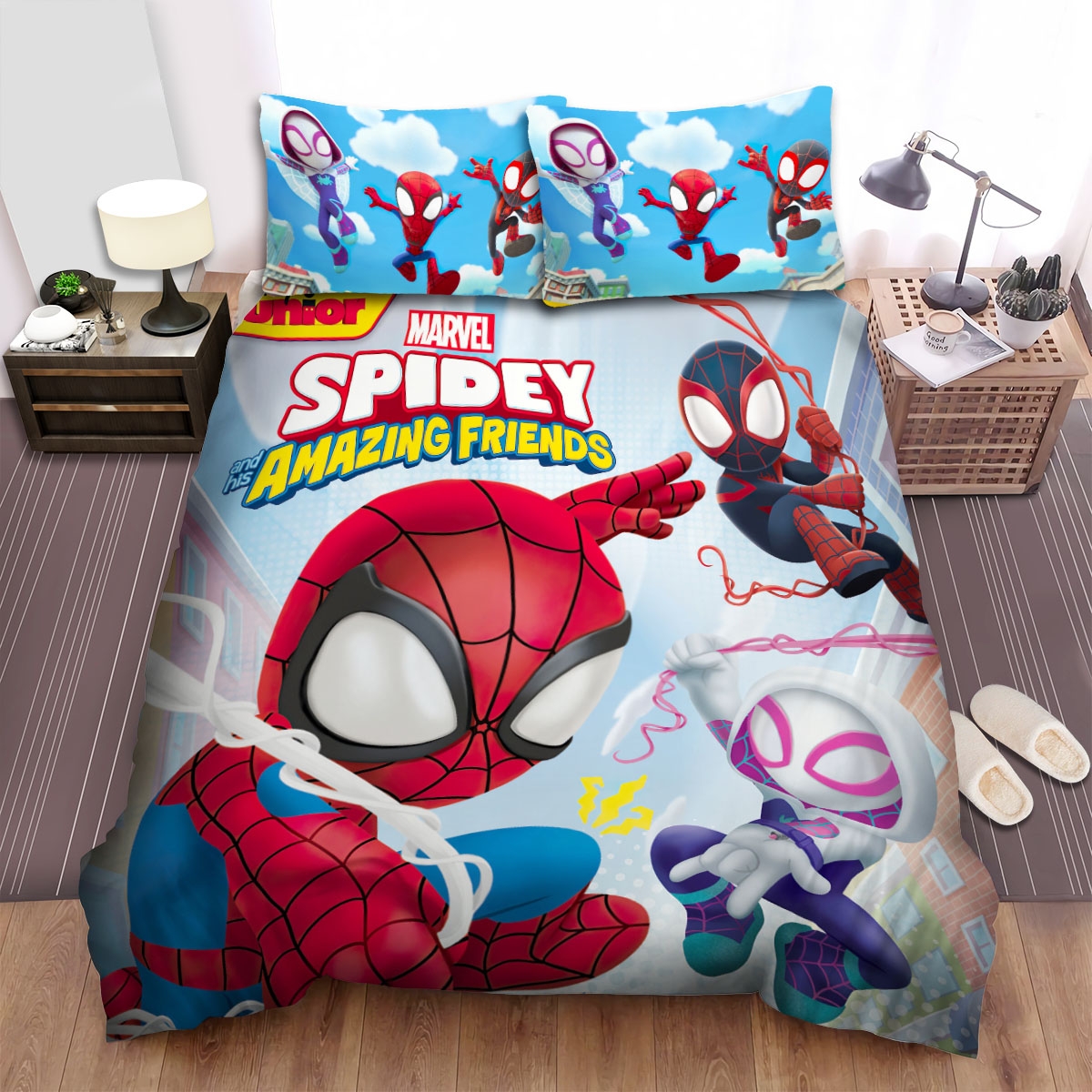 Spidey And His Amazing Friends Let's Swing Spidey Team Bed Sheets Spread Duvet Cover Bedding Set - Unique Anime Apparel for Fans
