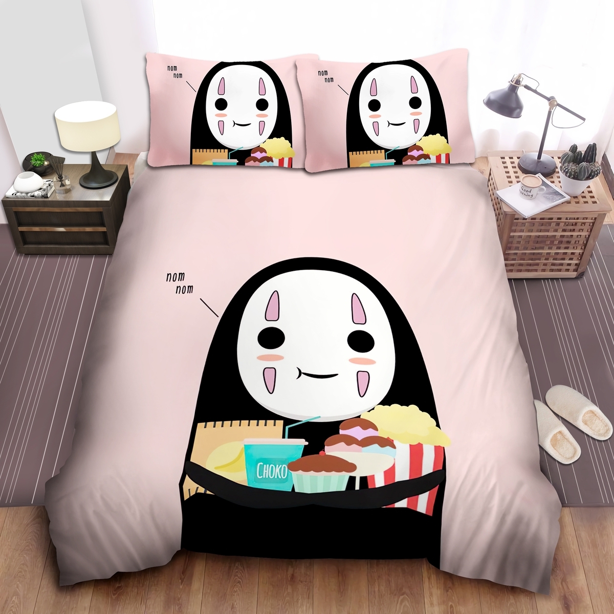 Spirited Away Adorable No-Face Eating Nom Nom Bed Sheets Spread Duvet Cover Bedding Set - Unique Anime Apparel for Fans