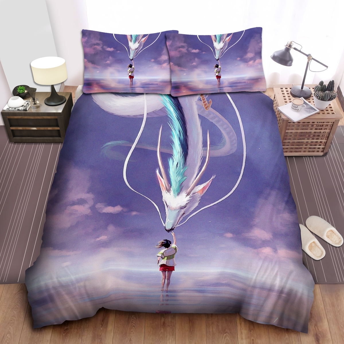 Spirited Away Chihiro & Haku In Dragon Form Art Bed Sheets Spread Duvet Cover Bedding Set - Unique Anime Apparel for Fans