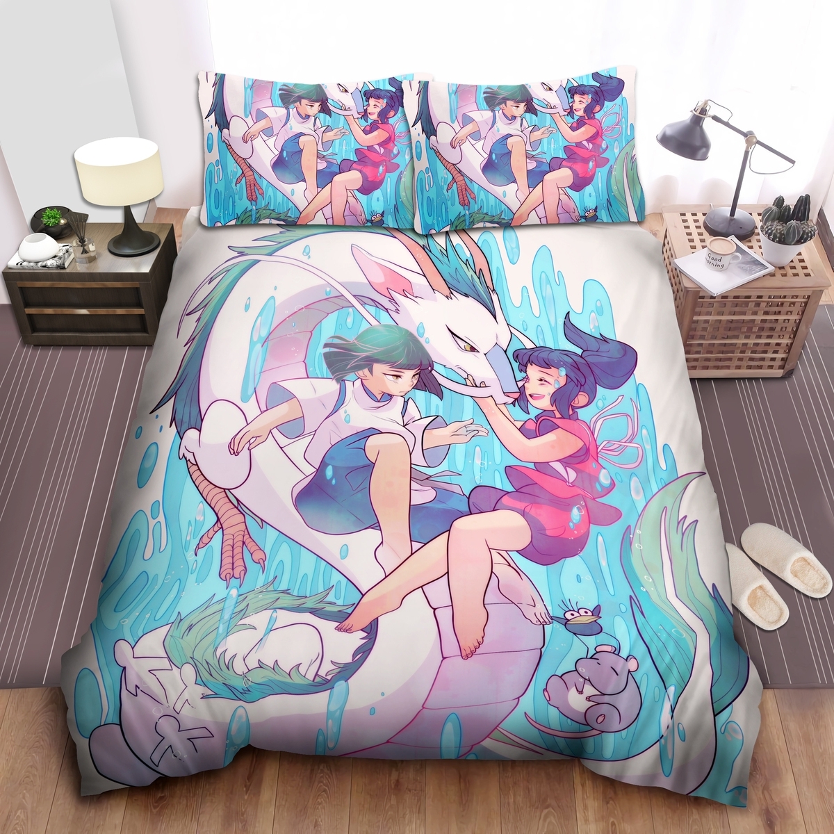 Spirited Away Haku & Chihiro In Modern Anime Art Bed Sheets Spread Duvet Cover Bedding Set - Unique Anime Apparel for Fans