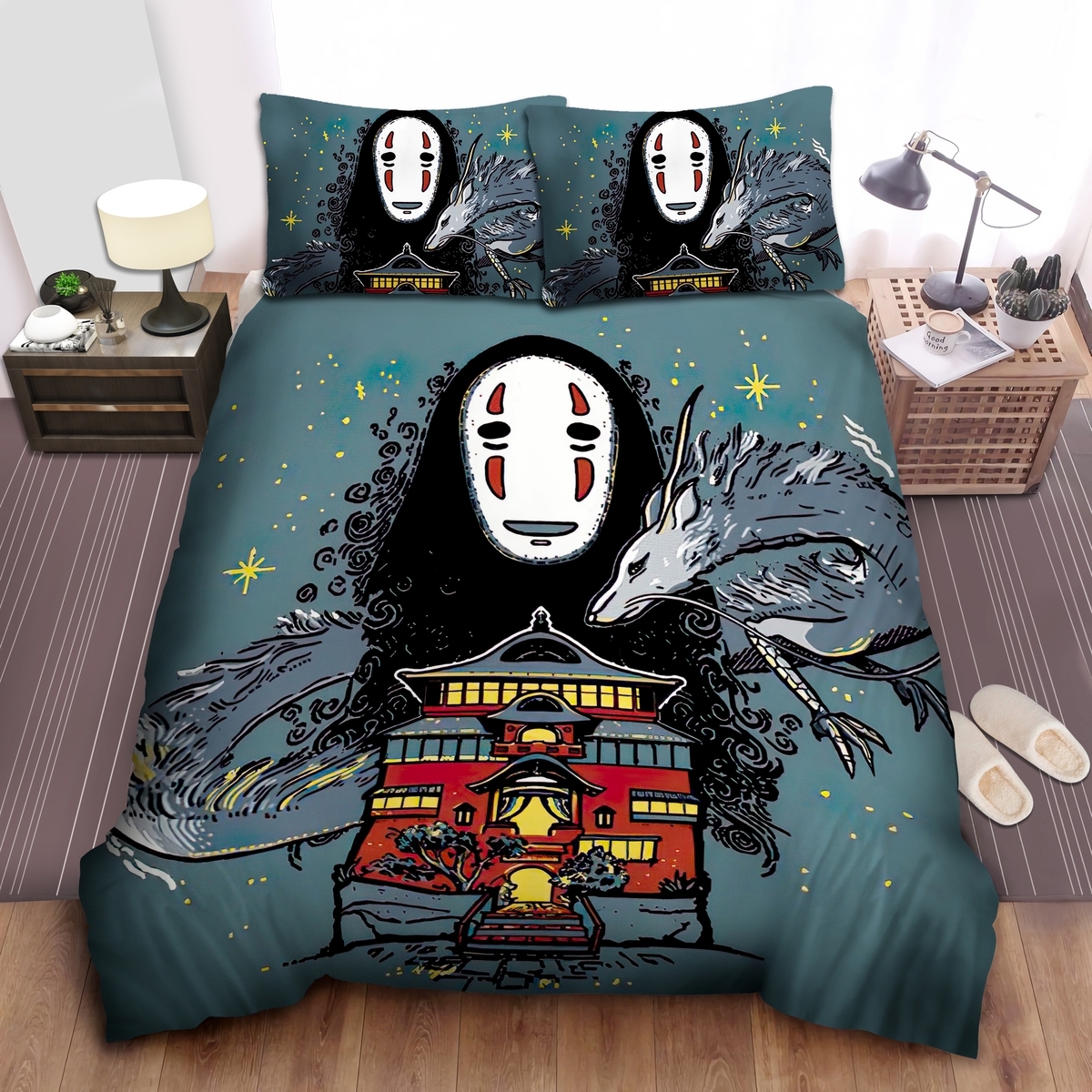Spirited Away No-Face & Haku In The Bathhouse Drawing Bed Sheets Spread Duvet Cover Bedding Set - Unique Anime Apparel for Fans