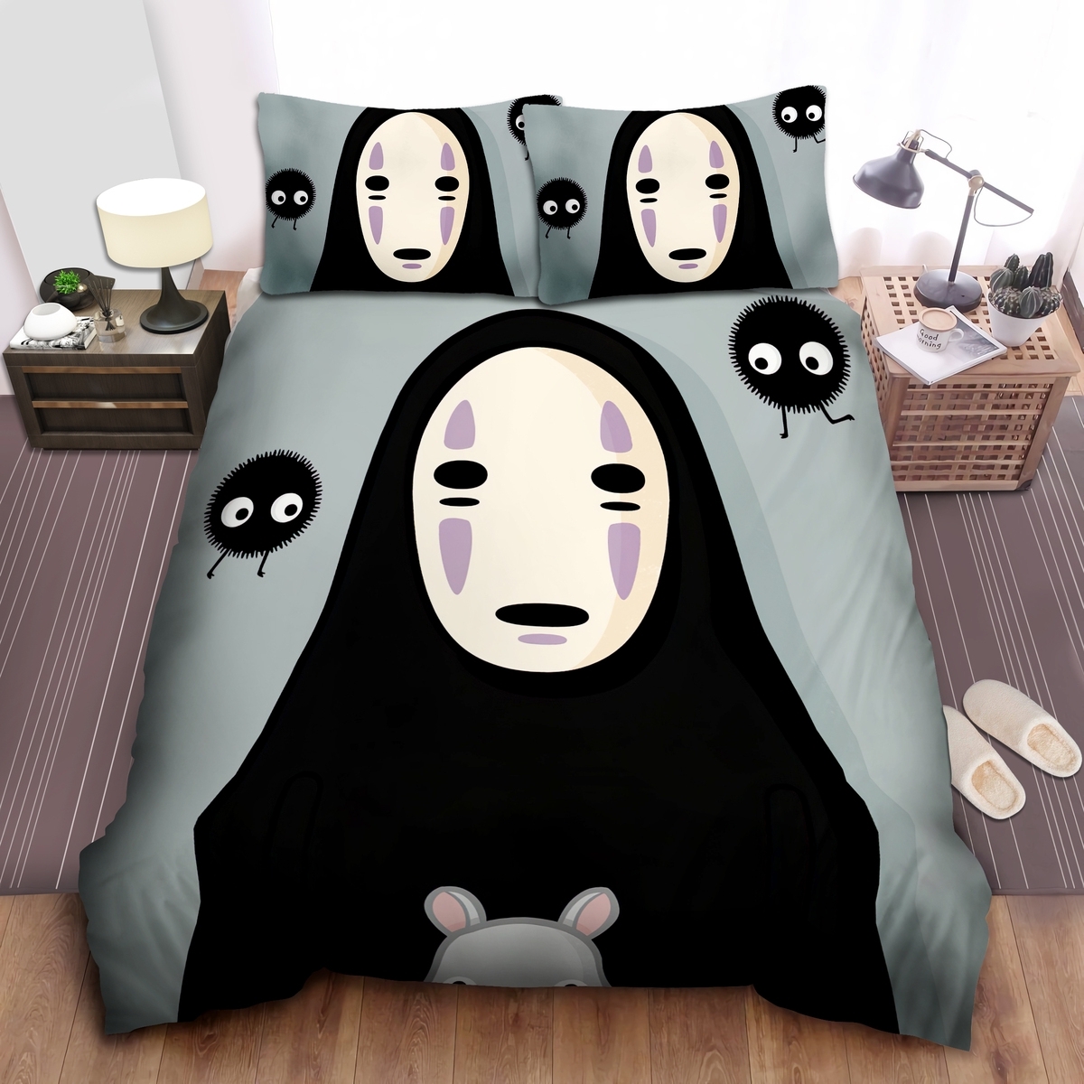 Spirited Away No-Face & The Soot Sprites Illustration Bed Sheets Spread Duvet Cover Bedding Set - Unique Anime Apparel for Fans