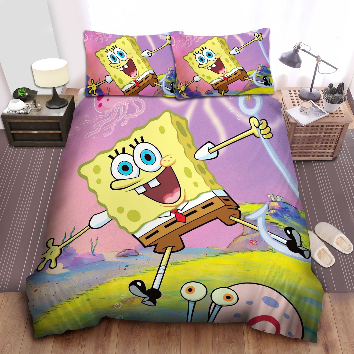 Spongebob Squarepants Spongebob And Gary The Snail Bed Sheets Spread Duvet Cover Bedding Set - Unique Anime Apparel for Fans