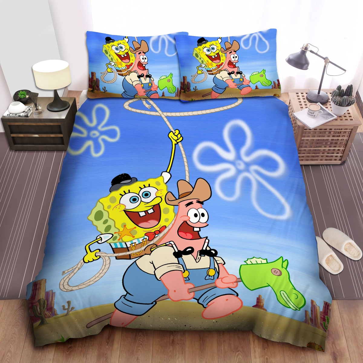 Spongebob Squarepants Spongebob And Patrick Cowboy Bed Sheets Spread Duvet Cover Bedding Set - Unique Anime Apparel for Fans