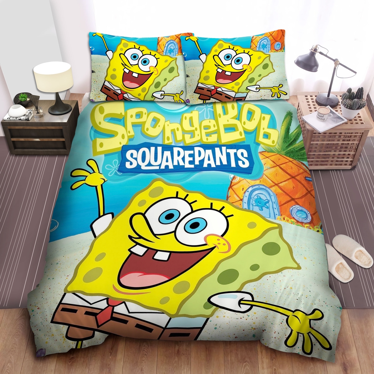 Spongebob Squarepants, Spongebob Laughing Outside House Bed Sheets Spread Comforter Duvet Cover Bedding Set - Unique Anime Apparel for Fans