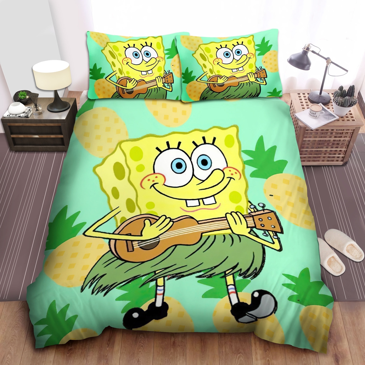 Spongebob Squarepants Wearing Dress Playing Guitar Bed Sheets Spread Duvet Cover Bedding Set - Unique Anime Apparel for Fans