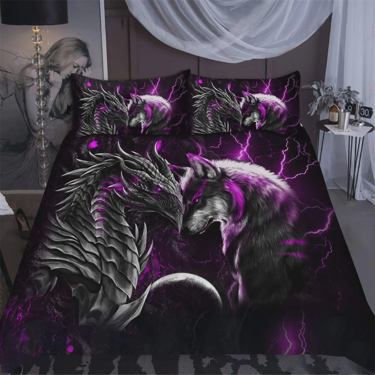 Sportyzen Purple Dragon And Wolf Light Bed Sheets Spread Duvet Cover Bedding Set - Unique Anime Apparel for Fans