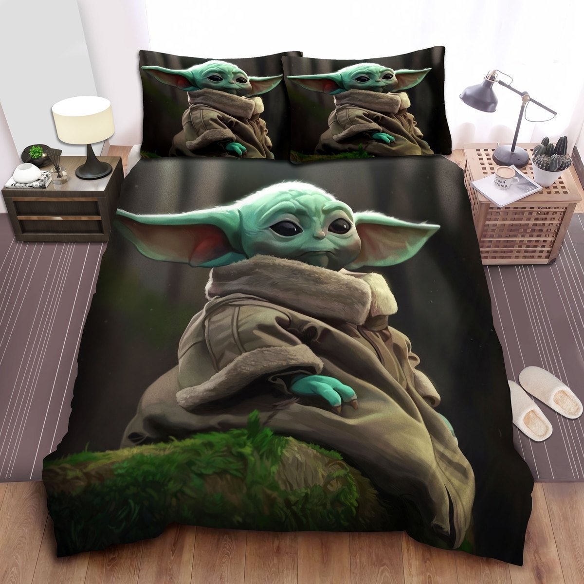 Star Wars Crying Grogu Digital Illustration Bed Sheets Spread Duvet Cover Bedding Set - Unique Anime Apparel for Fans