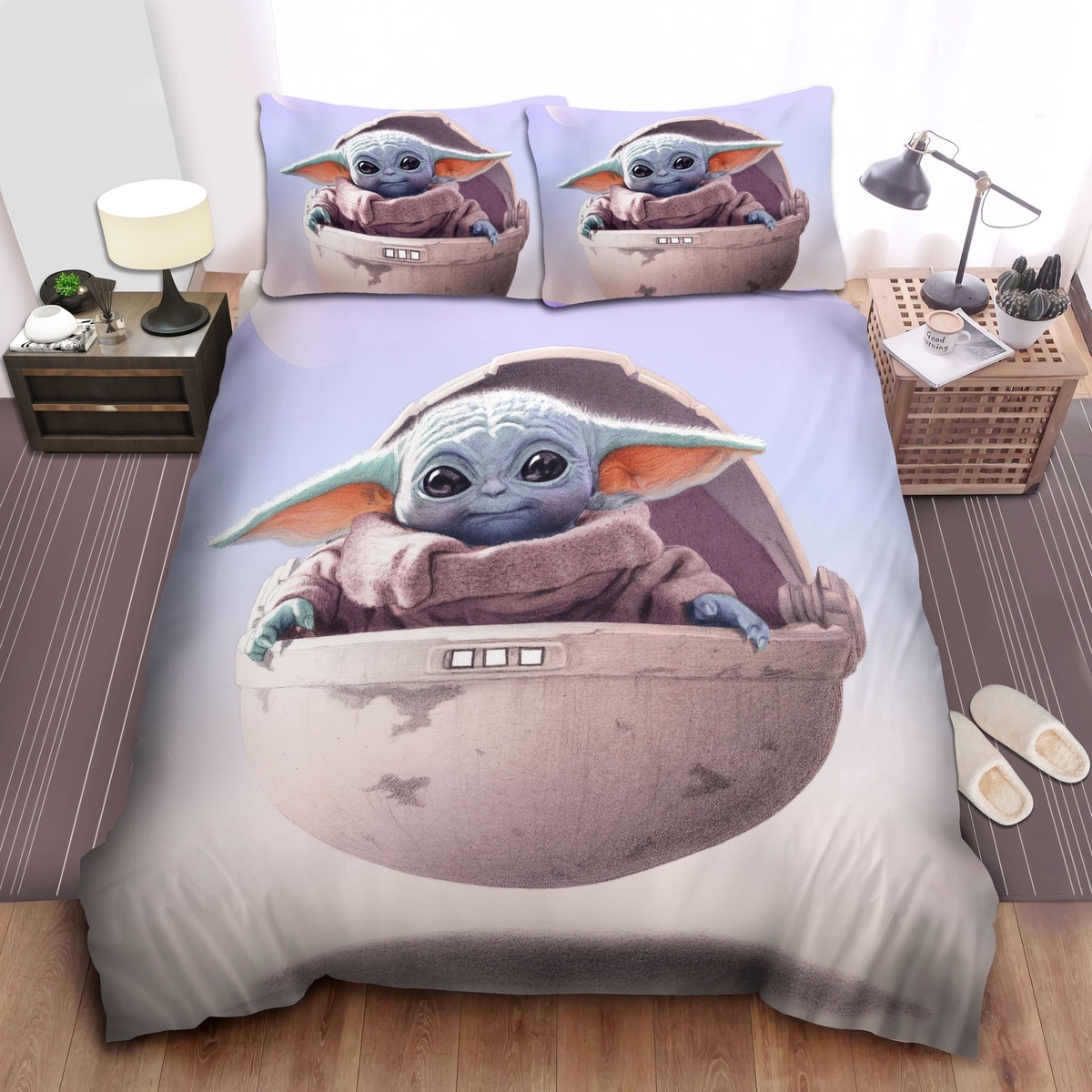 Star Wars Cute Grogu Inside Flying Cradle Illustration Bed Sheets Duvet Cover Bedding Set - Unique Anime Apparel for Fans