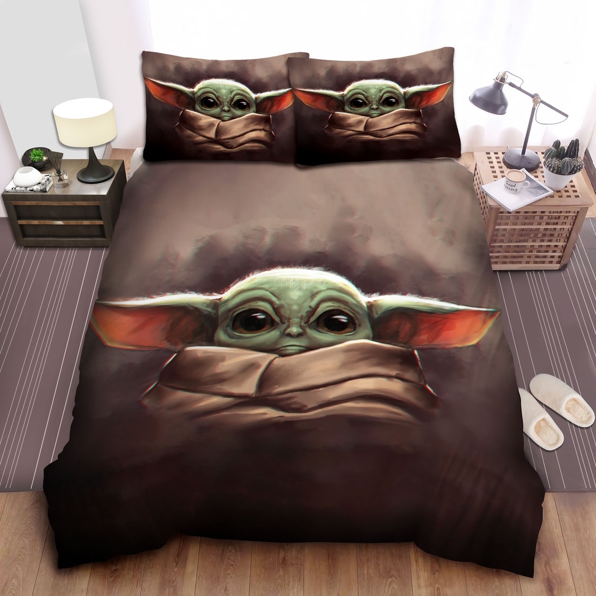Star Wars Terrified Grogu Illustration Bed Sheets Spread Duvet Cover Bedding Set - Unique Anime Apparel for Fans