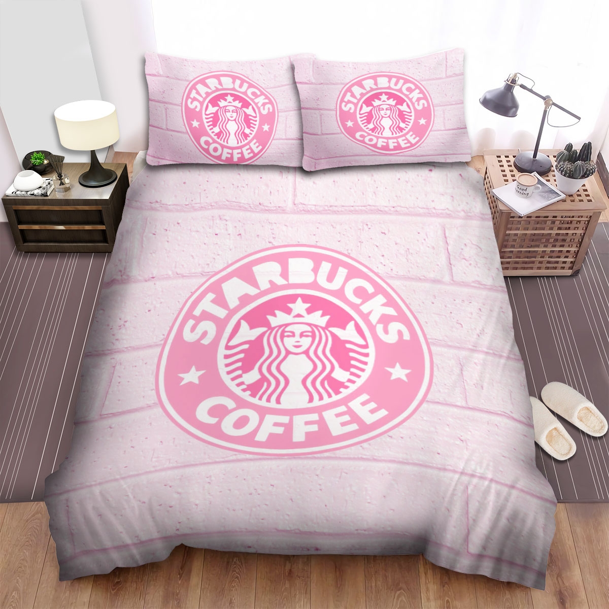 Starbucks Pink Logo On A Wall Bed Sheets Spread Duvet Cover Bedding Set - Unique Anime Apparel for Fans