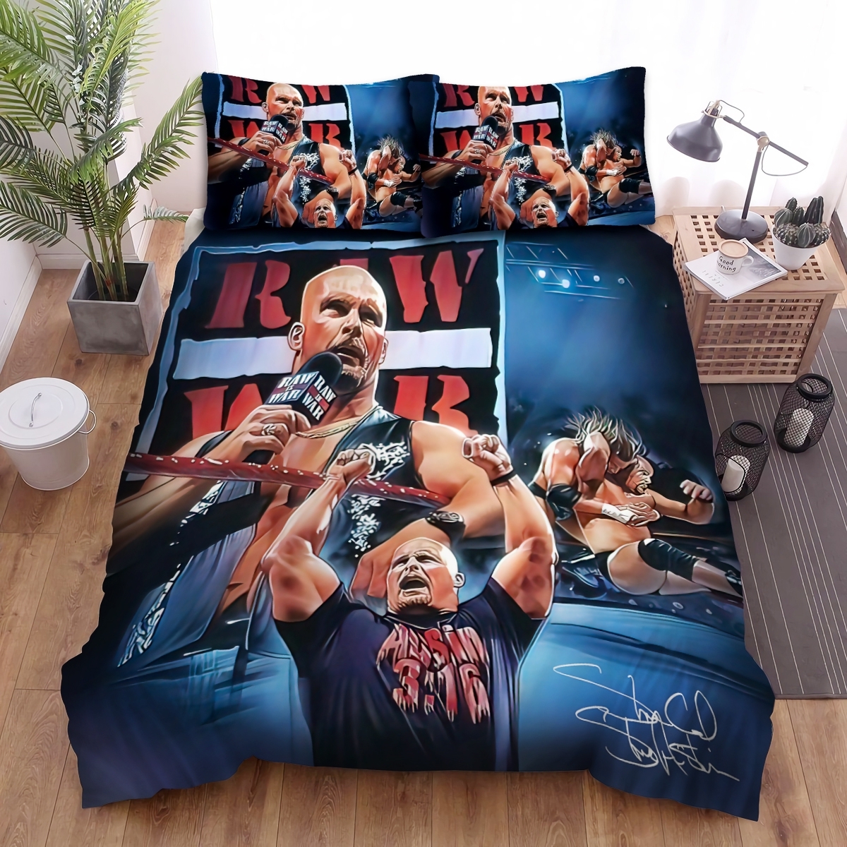 Steve Austin Moments In Wrestling Bed Sheet Spread Duvet Cover Bedding Set - Unique Anime Apparel for Fans