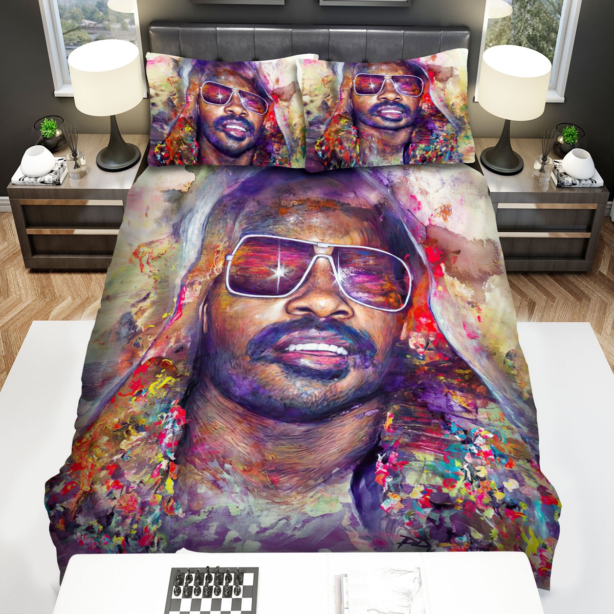 Stevie Wonder In Shiny Sunglasses Multicolour Art Bed Sheets Spread Duvet Cover Bedding Set - Unique Anime Apparel for Fans