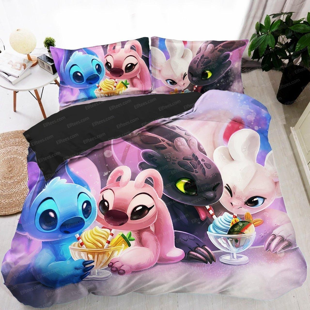 Stitch Toothless And Girl Friends Sweet Bedding Set (Duvet Cover & Pillow Cases) - Unique Anime Apparel for Fans
