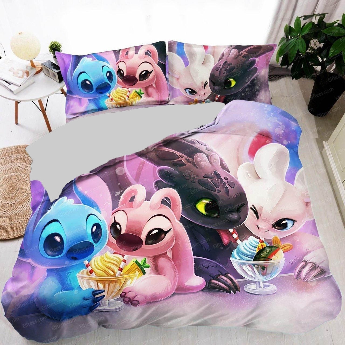Stitch Toothless And Girl Friends Sweet Bedding Set Howto Train Your Dragon - Unique Anime Apparel for Fans