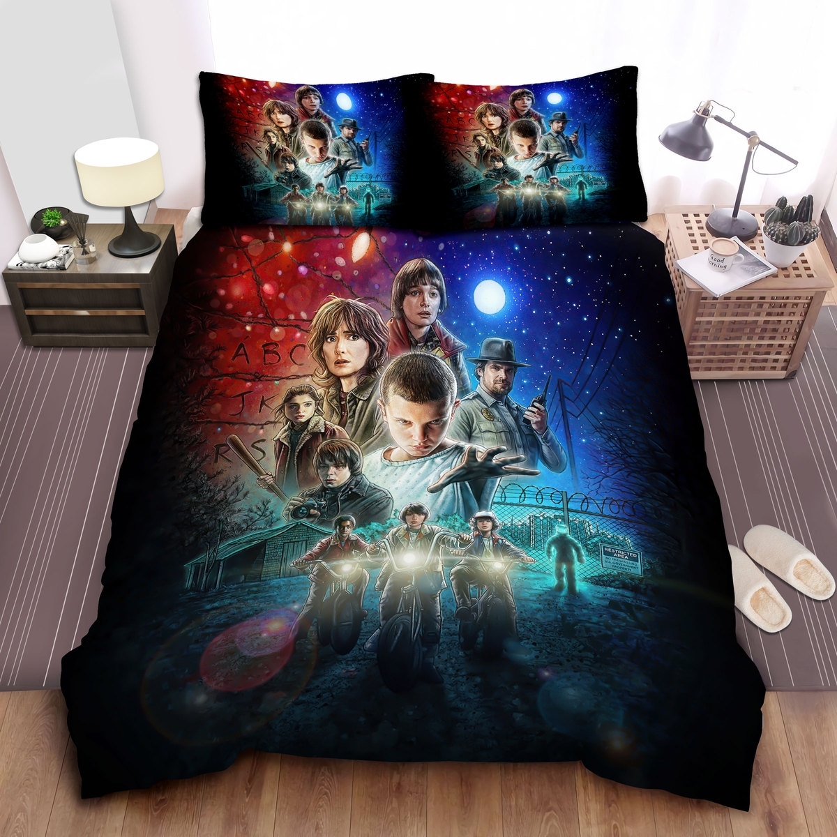 Stranger Things Characters In Animated Poster Bed Sheets Spread Duvet Cover Bedding Set - Unique Anime Apparel for Fans