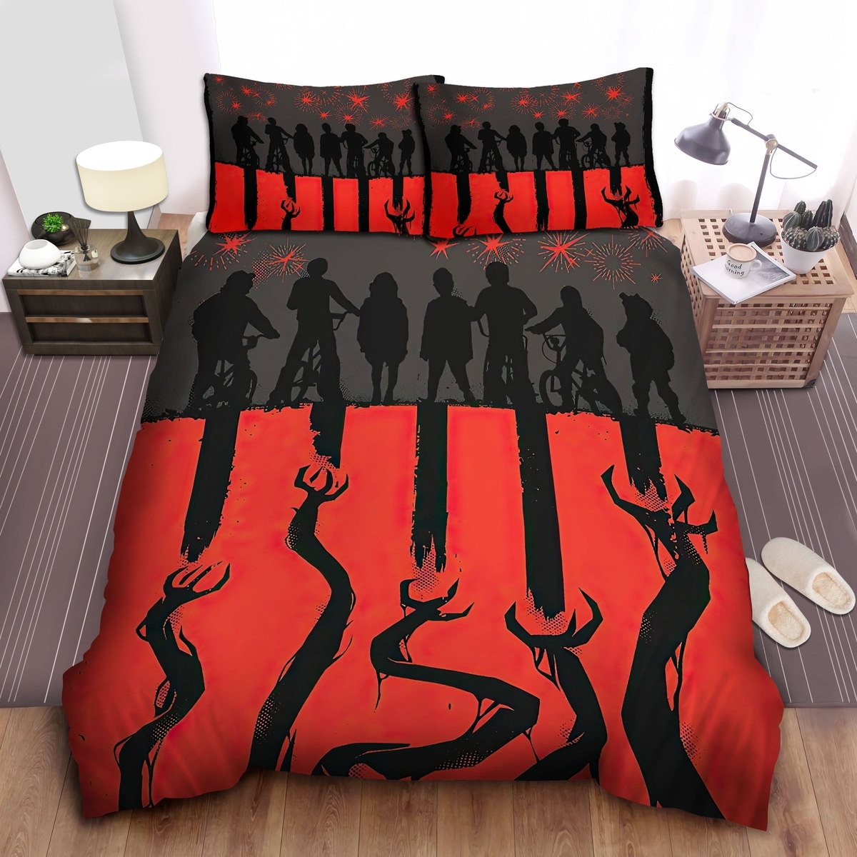 Stranger Things Silhouettes Of Hawkins Kids In Danger Illustration Bed Sheets Spread Duvet Cover Bedding Set - Unique Anime Apparel for Fans