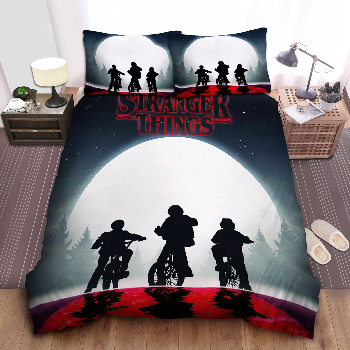 Stranger Things The Kids Silhouettes Under The Moonlight Bed Sheets Spread Duvet Cover Bedding Set - Unique Anime Apparel for Fans