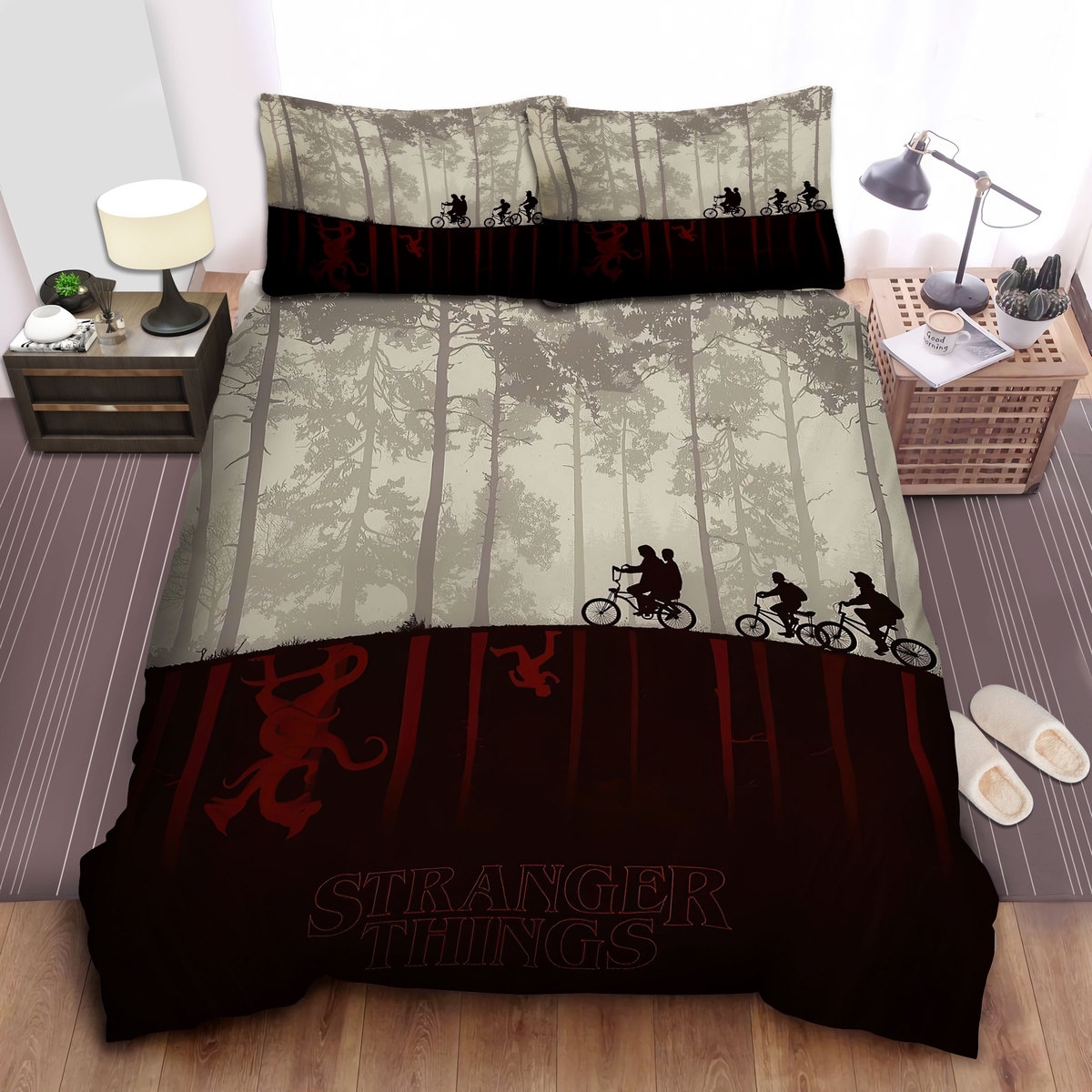 Stranger Things The Party Silhouettes Reflection Upside Down World Art Bed Sheets Spread Duvet Cover Bedding Set - Unique Anime Apparel for Fans