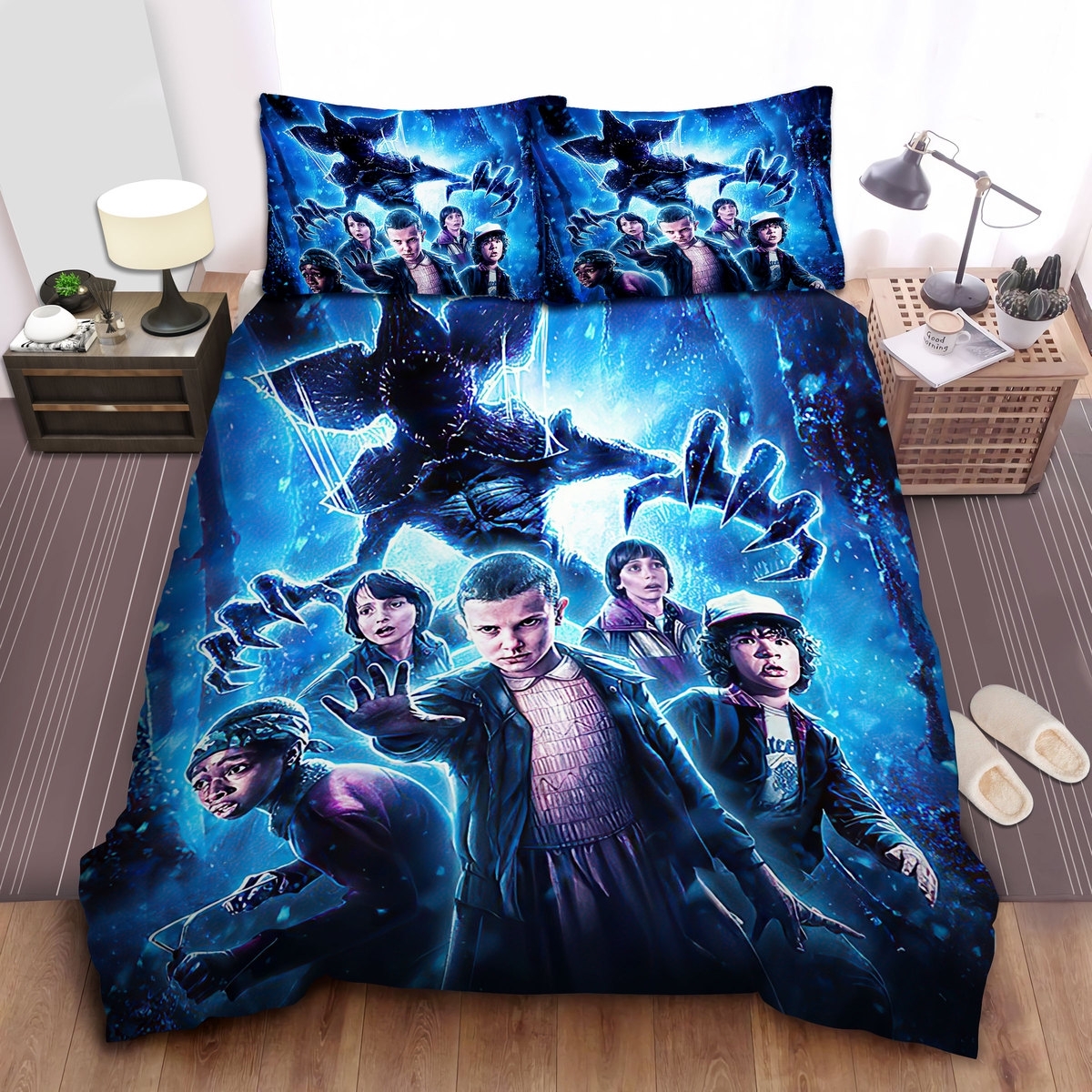 Stranger Things The Party Vs Demogorgon In Blue Theme Bed Sheets Spread Duvet Cover Bedding Set - Unique Anime Apparel for Fans
