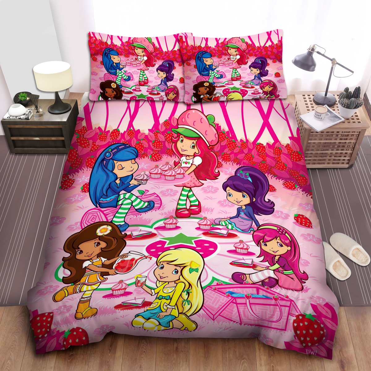 Strawberry Shortcake And Her Friends Eating Strawberry Ice Creams Bed Sheets Spread Duvet Cover Bedding Set - Unique Anime Apparel for Fans