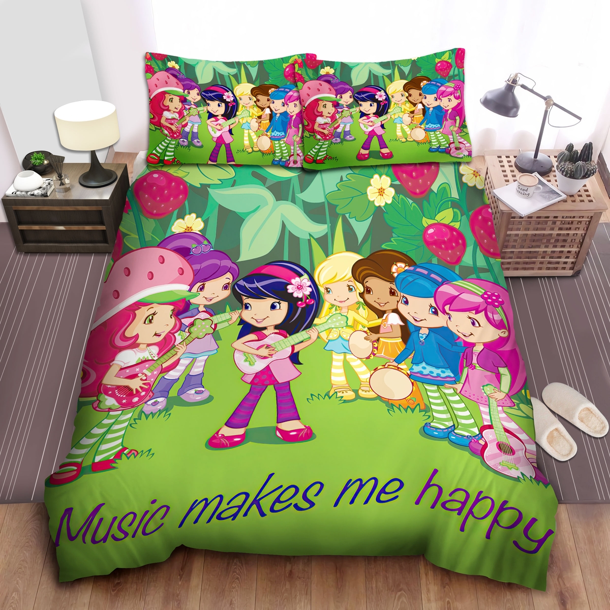 Strawberry Shortcake And Her Friends Music Makes Me Happy Bed Sheets Spread Duvet Cover Bedding Set - Unique Anime Apparel for Fans