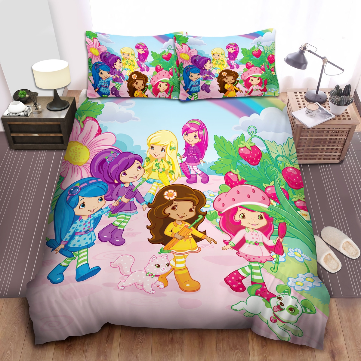 Strawberry Shortcake And Her Friends Walking In The Strawberry Farm Bed Sheets Spread Duvet Cover Bedding Set - Unique Anime Apparel for Fans
