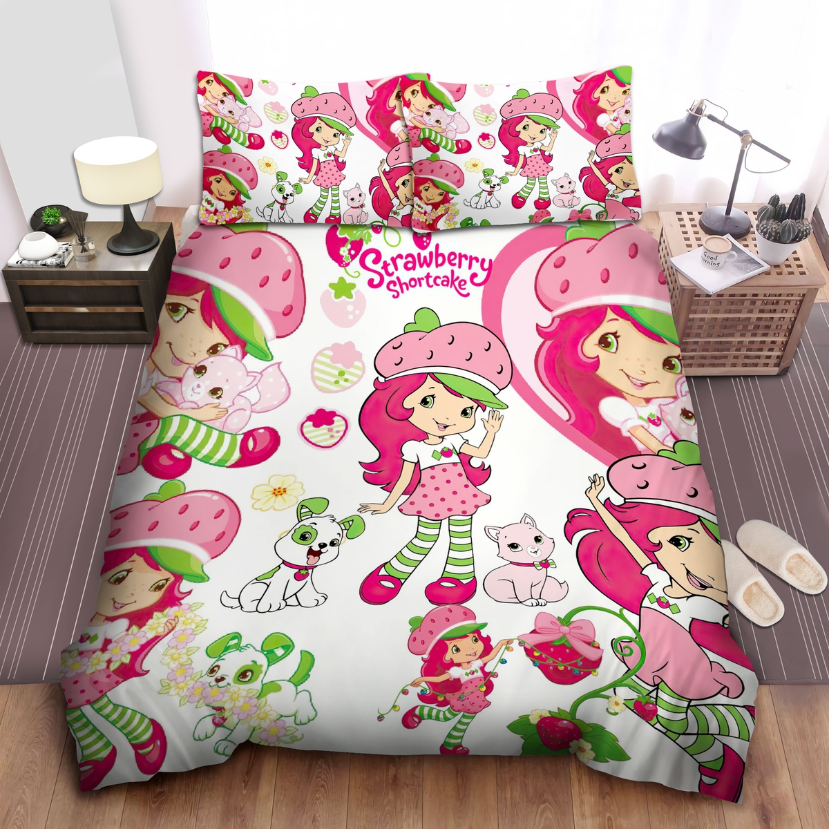 Strawberry Shortcake And Her Pets In Adorable Pattern Bed Sheets Spread Duvet Cover Bedding Set - Unique Anime Apparel for Fans