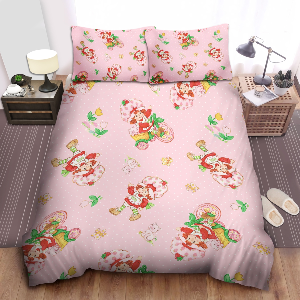 Strawberry Shortcake Cute Pattern In Pink Bed Sheets Spread Duvet Cover Bedding Set - Unique Anime Apparel for Fans